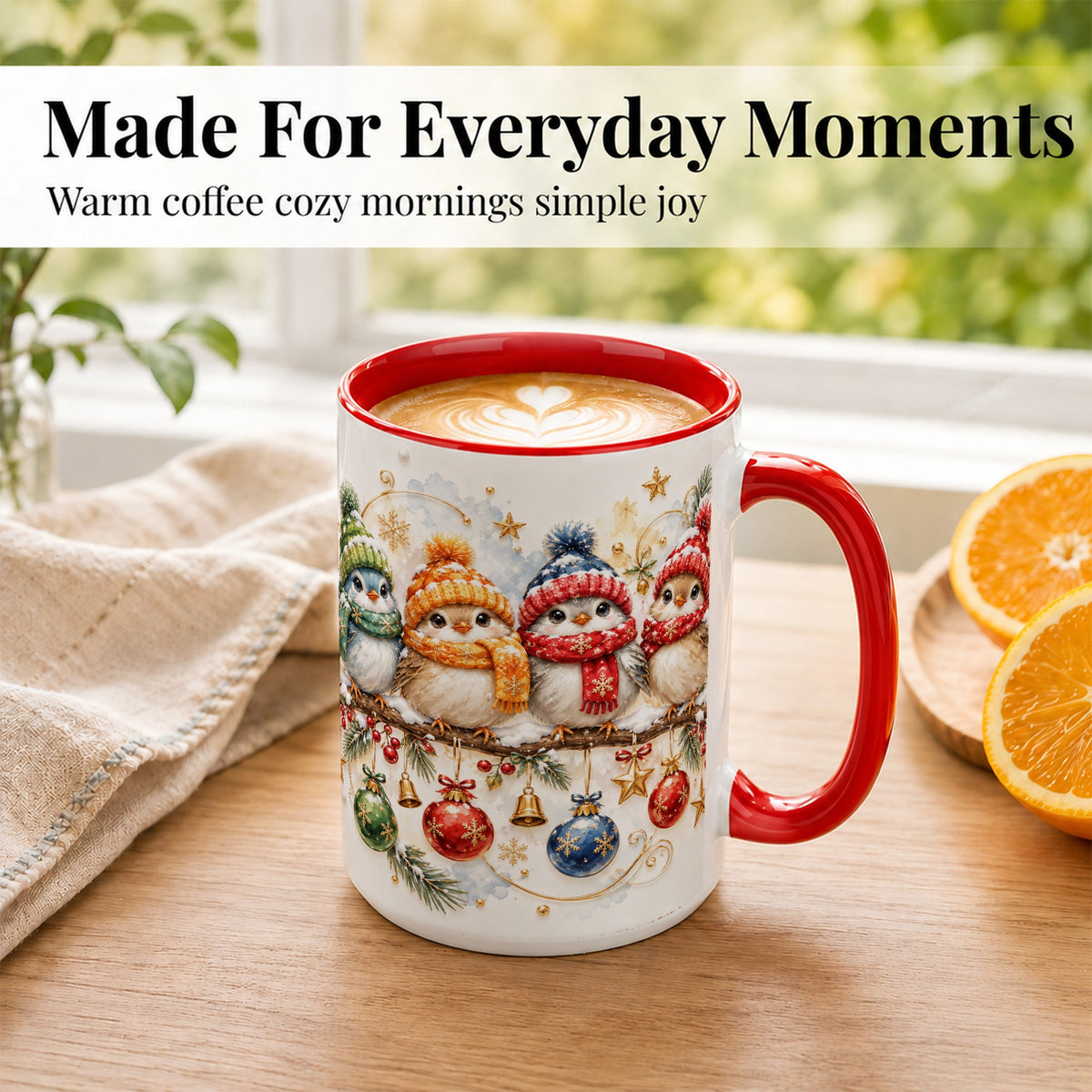#pl[15oz|Red] Winter Bird Coffee Mug, Cozy Songbird Mug, Ceramic Cup