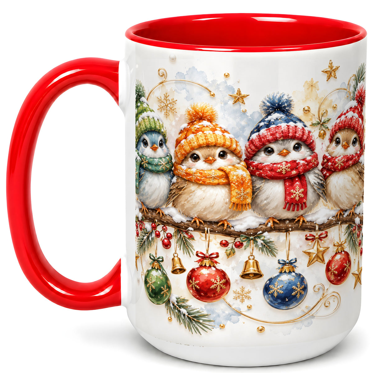 #pl[15oz|Red] Winter Bird Coffee Mug, Cozy Songbird Mug, Ceramic Cup