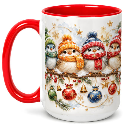 #pl[15oz|Red] Winter Bird Coffee Mug, Cozy Songbird Mug, Ceramic Cup