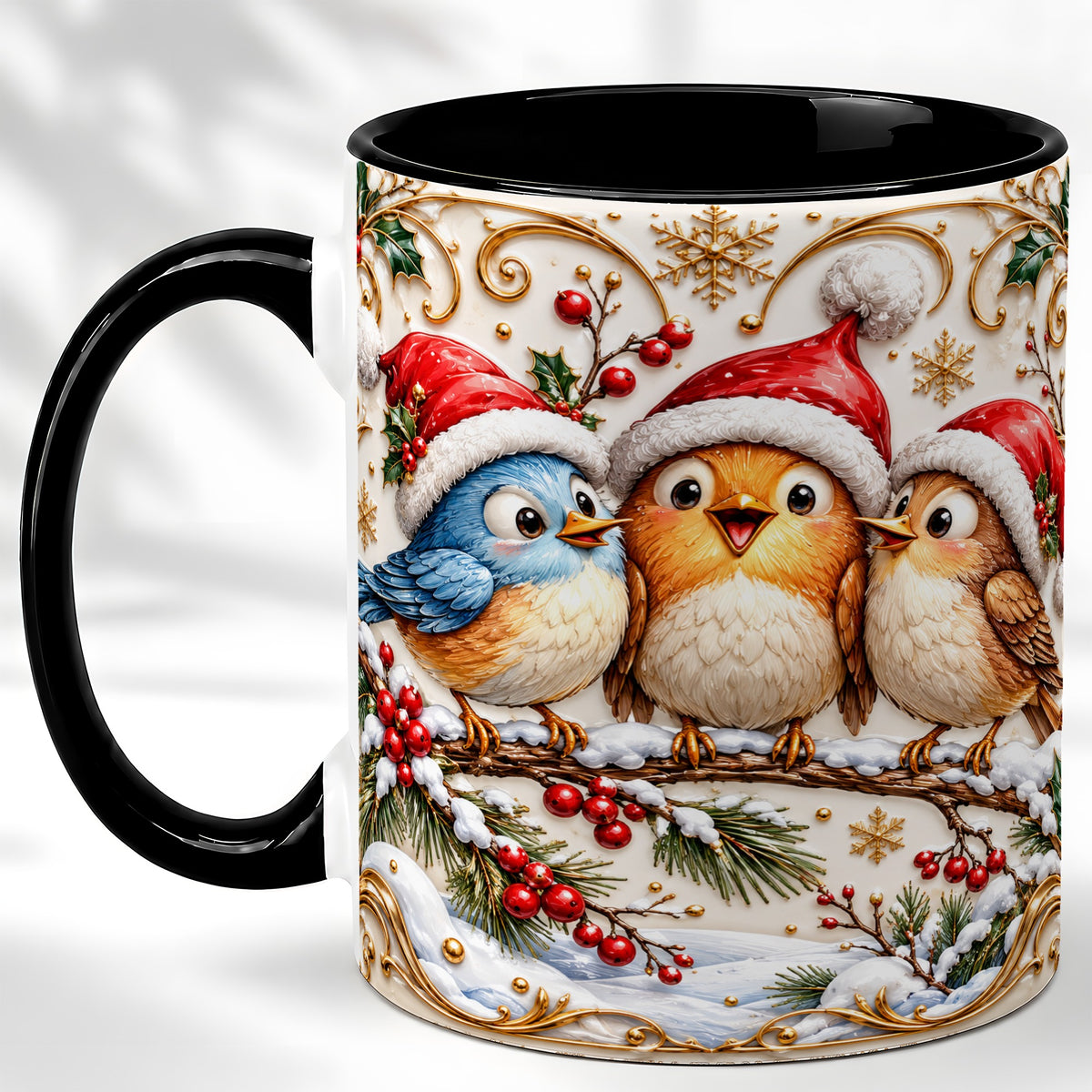 #pl[11oz|Black] Christmas Songbird Coffee Mug, Santa Hat Bird Mug, Ceramic Cup