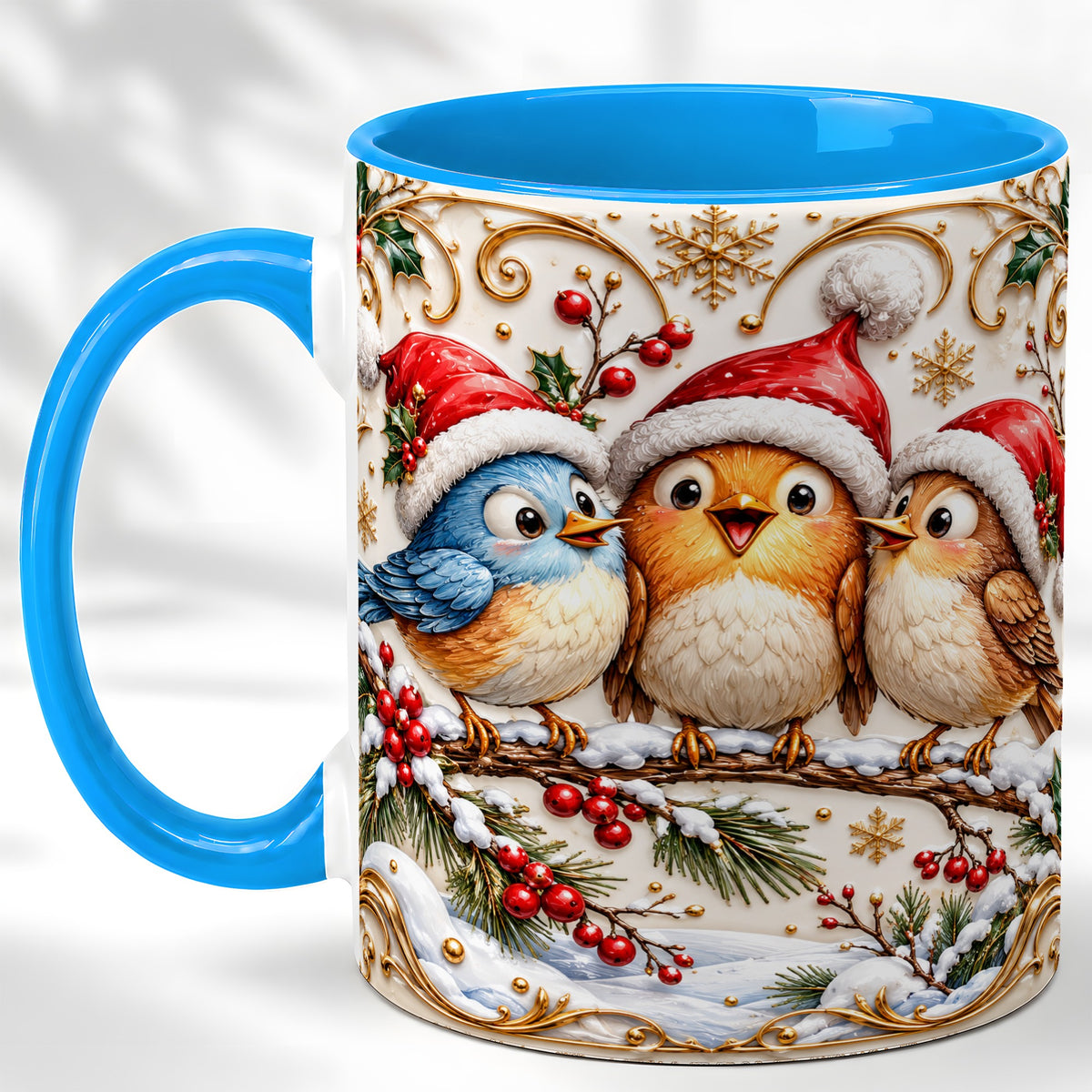 #pl[11oz|Blue] Christmas Songbird Coffee Mug, Santa Hat Bird Mug, Ceramic Cup