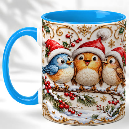 #pl[11oz|Blue] Christmas Songbird Coffee Mug, Santa Hat Bird Mug, Ceramic Cup