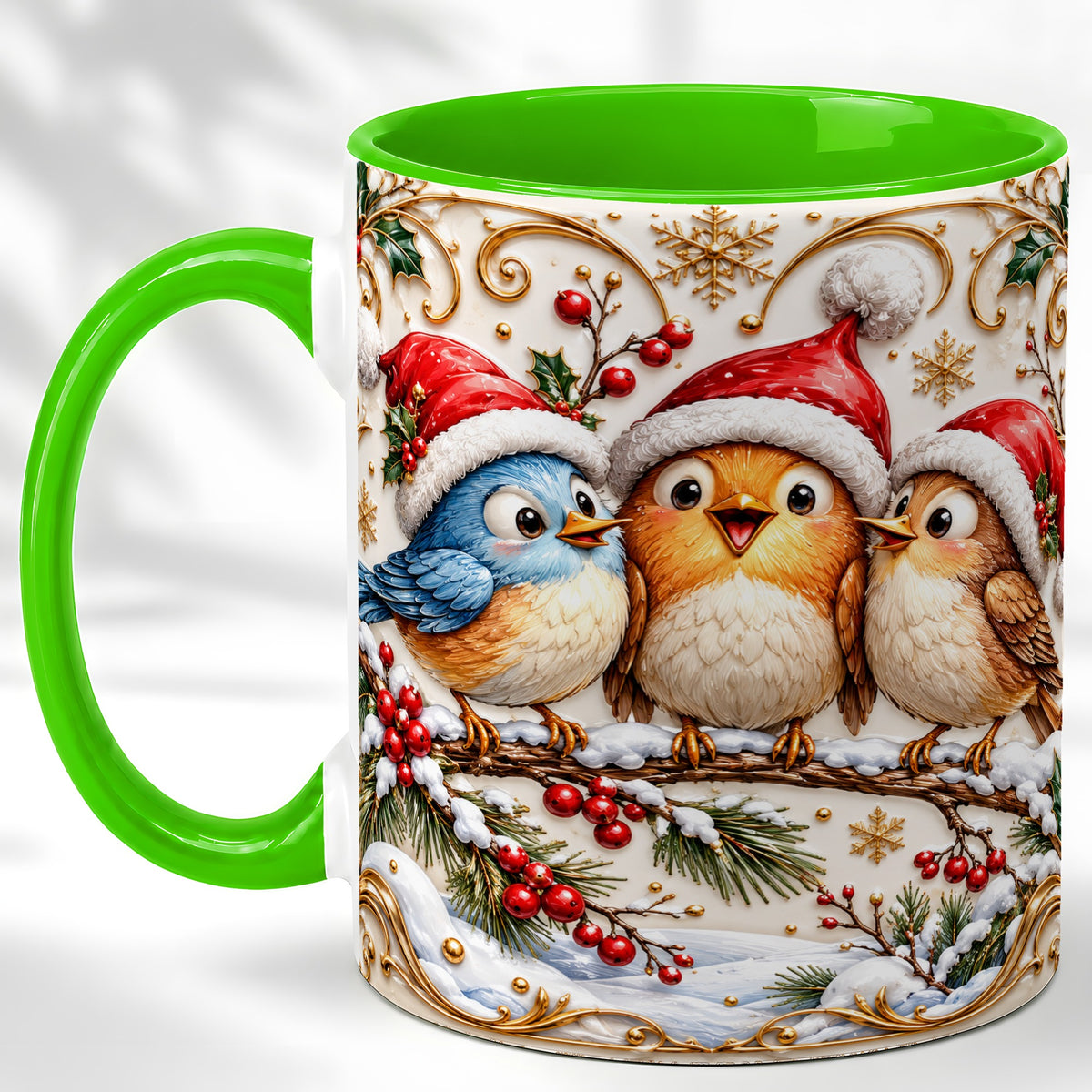 #pl[11oz|Green] Christmas Songbird Coffee Mug, Santa Hat Bird Mug, Ceramic Cup