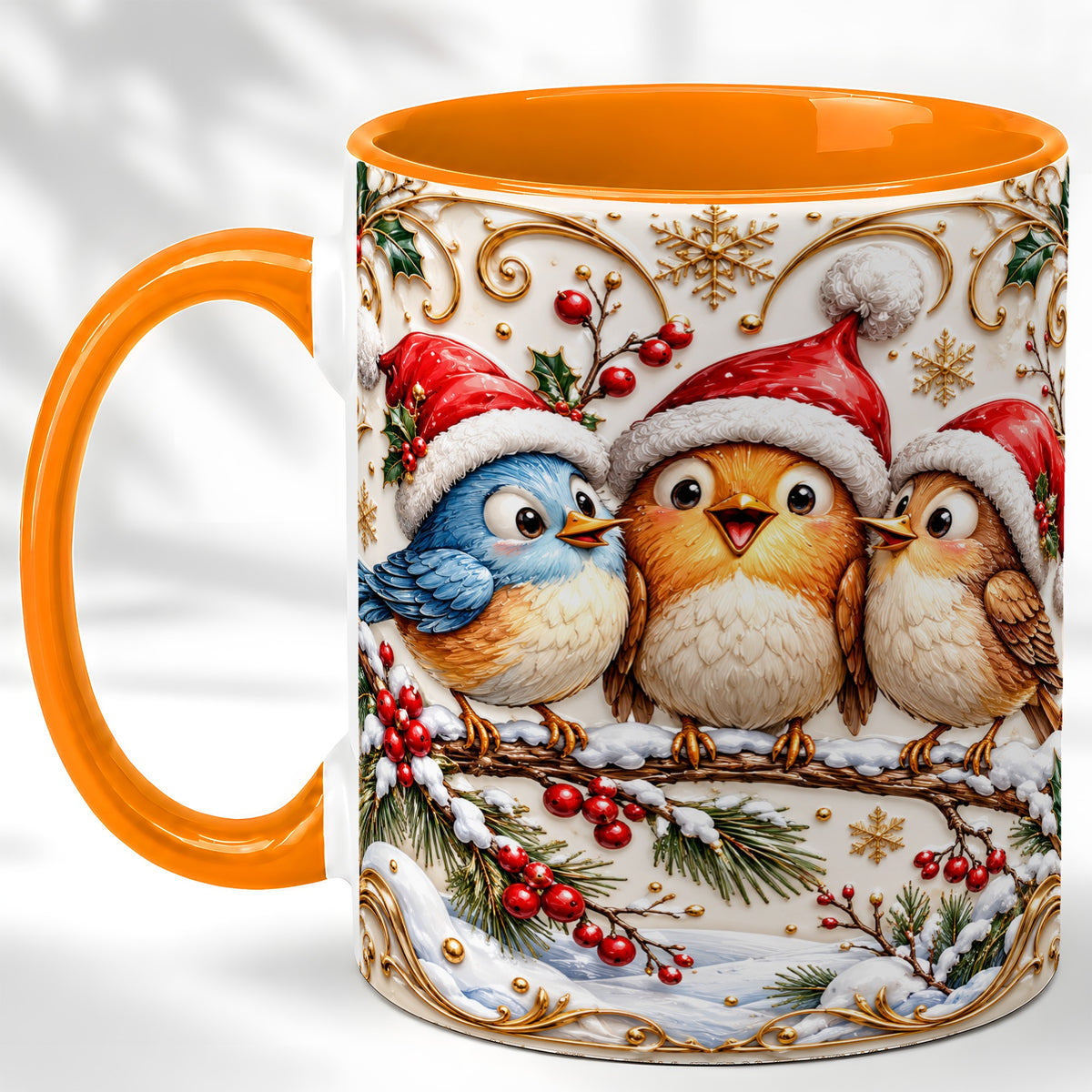 #pl[11oz|Orange] Christmas Songbird Coffee Mug, Santa Hat Bird Mug, Ceramic Cup
