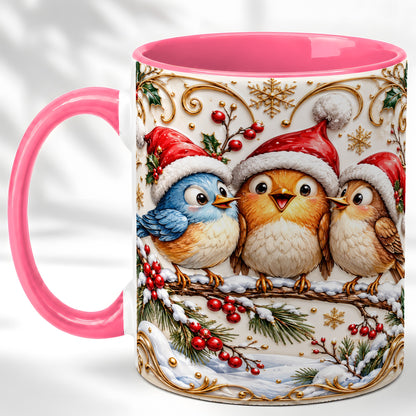 #pl[11oz|Pink] Christmas Songbird Coffee Mug, Santa Hat Bird Mug, Ceramic Cup