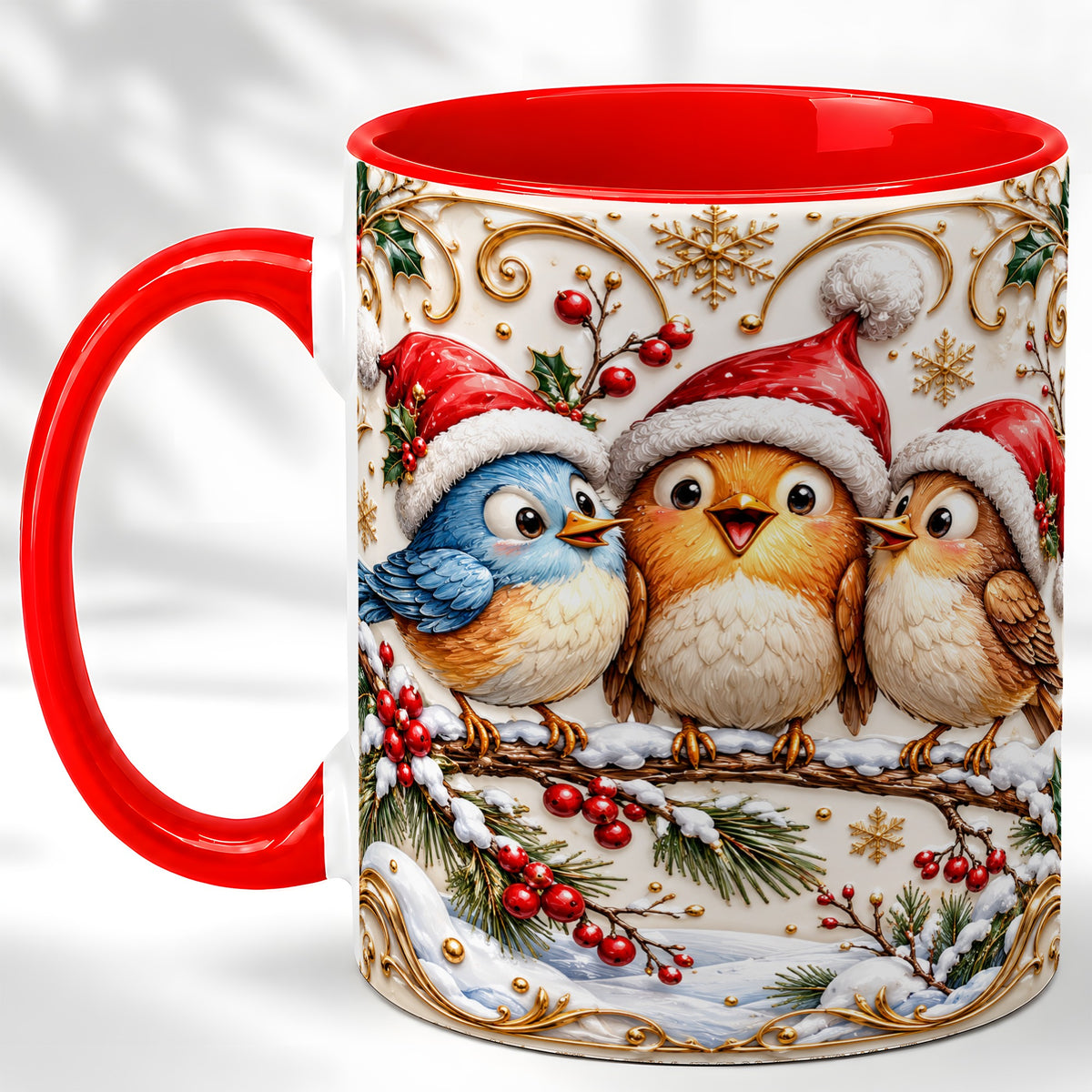 Christmas Songbird Coffee Mug, Santa Hat Bird Mug, Ceramic Cup