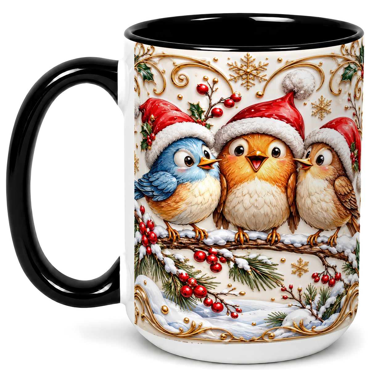 #pl[15oz|Black] Christmas Songbird Coffee Mug, Santa Hat Bird Mug, Ceramic Cup