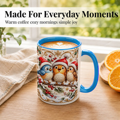 #pl[15oz|Blue] Christmas Songbird Coffee Mug, Santa Hat Bird Mug, Ceramic Cup