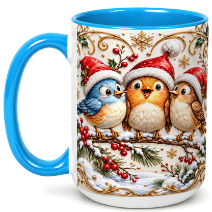 #pl[15oz|Blue] Christmas Songbird Coffee Mug, Santa Hat Bird Mug, Ceramic Cup