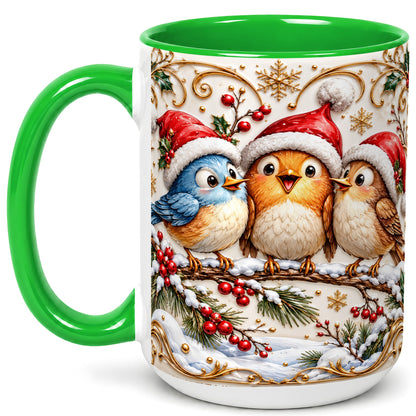 #pl[15oz|Green] Christmas Songbird Coffee Mug, Santa Hat Bird Mug, Ceramic Cup