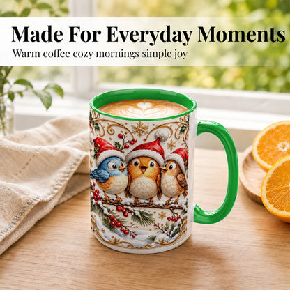 #pl[15oz|Green] Christmas Songbird Coffee Mug, Santa Hat Bird Mug, Ceramic Cup