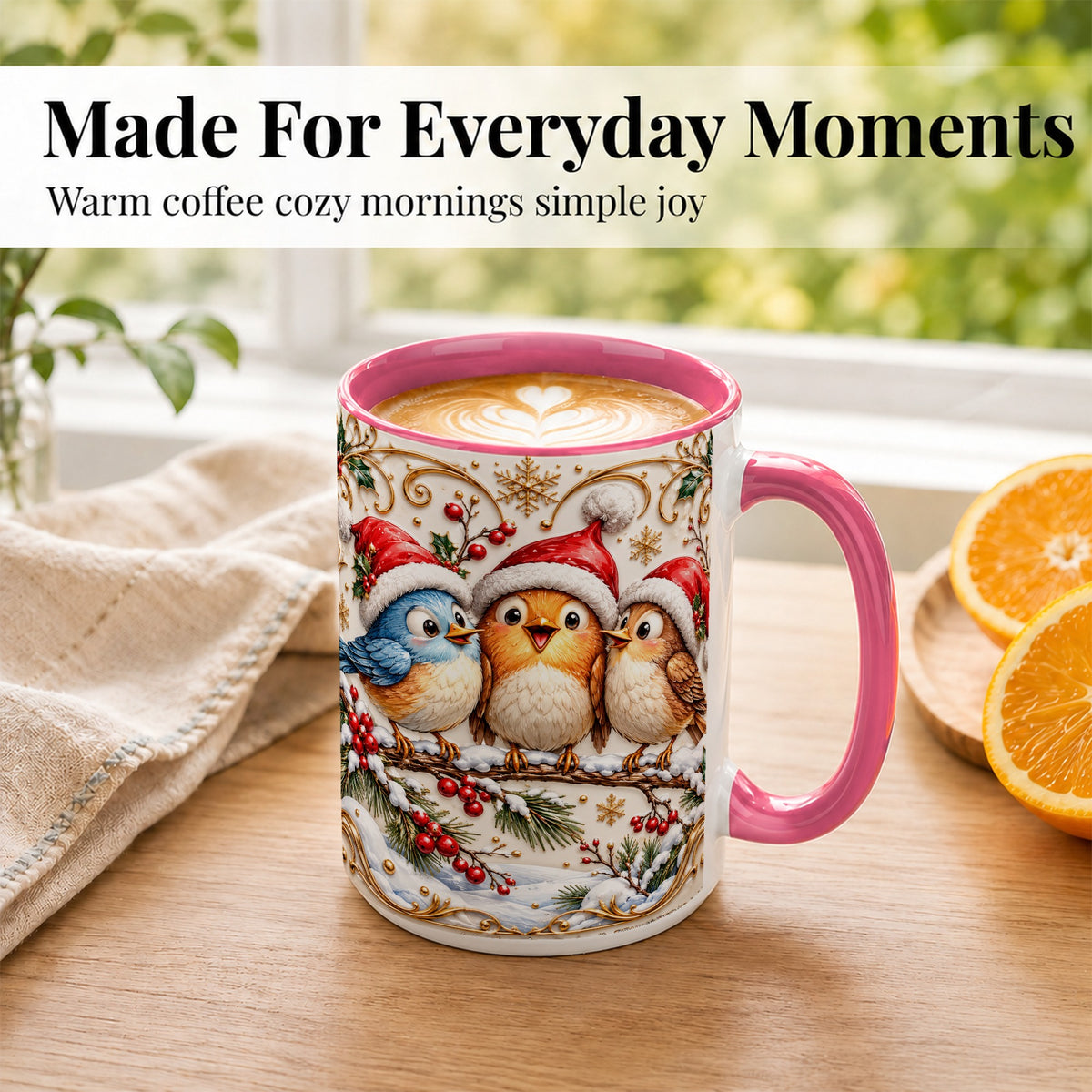 #pl[15oz|Pink] Christmas Songbird Coffee Mug, Santa Hat Bird Mug, Ceramic Cup
