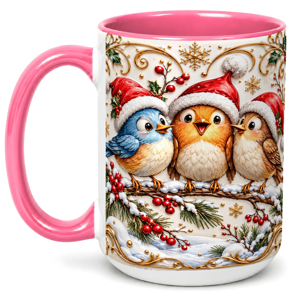 #pl[15oz|Pink] Christmas Songbird Coffee Mug, Santa Hat Bird Mug, Ceramic Cup