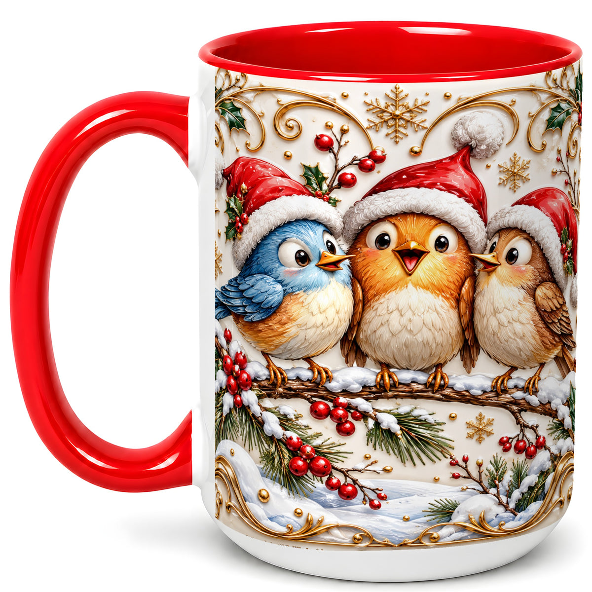 #pl[15oz|Red] Christmas Songbird Coffee Mug, Santa Hat Bird Mug, Ceramic Cup