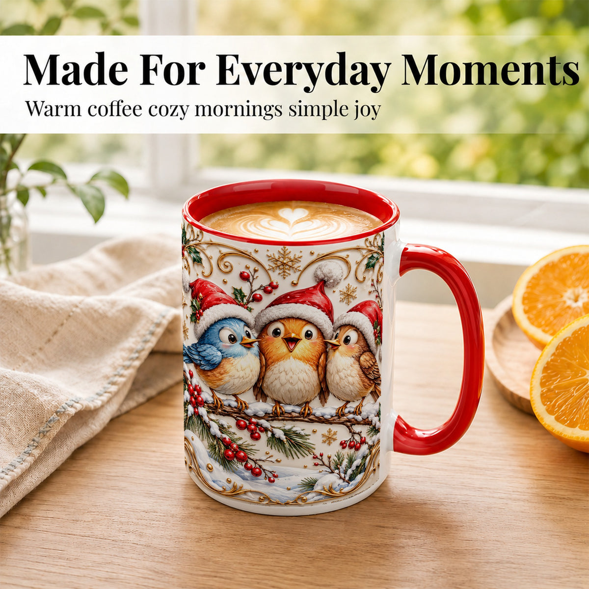 #pl[15oz|Red] Christmas Songbird Coffee Mug, Santa Hat Bird Mug, Ceramic Cup