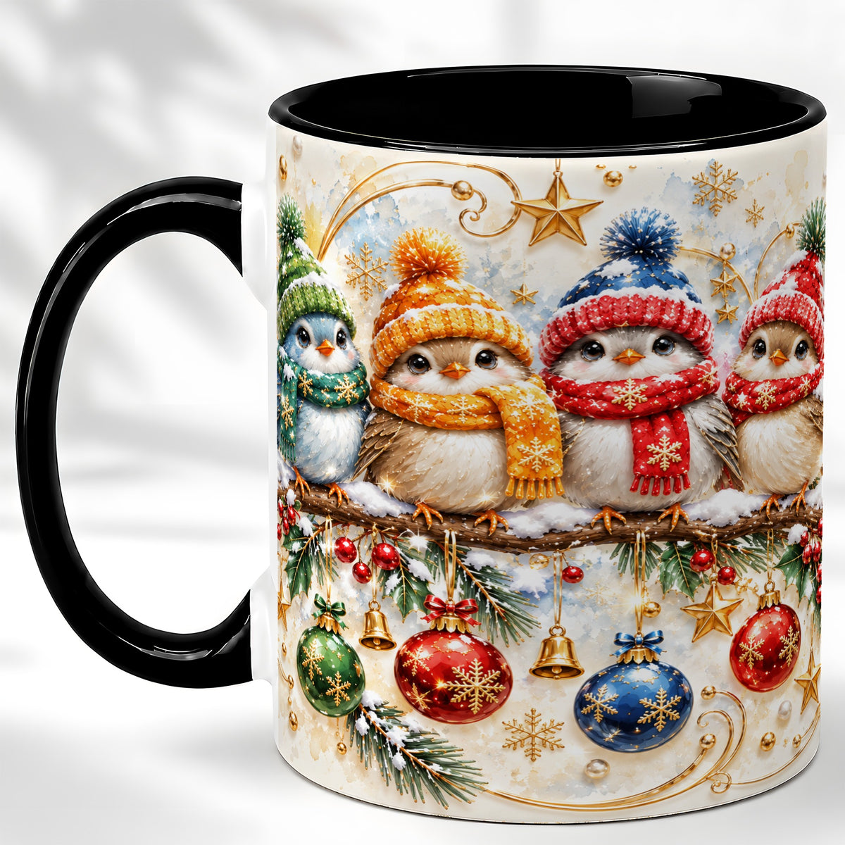 #pl[11oz|Black] Christmas Birds Coffee Mug, Winter Bird Mug, Ceramic Cup