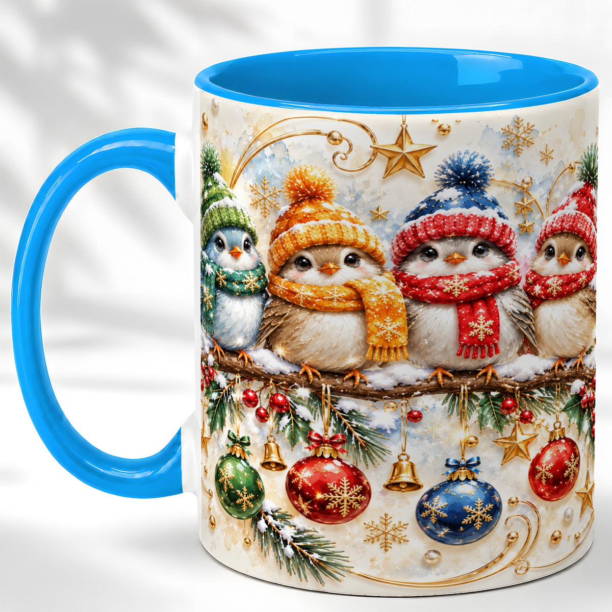 #pl[11oz|Blue] Christmas Birds Coffee Mug, Winter Bird Mug, Ceramic Cup