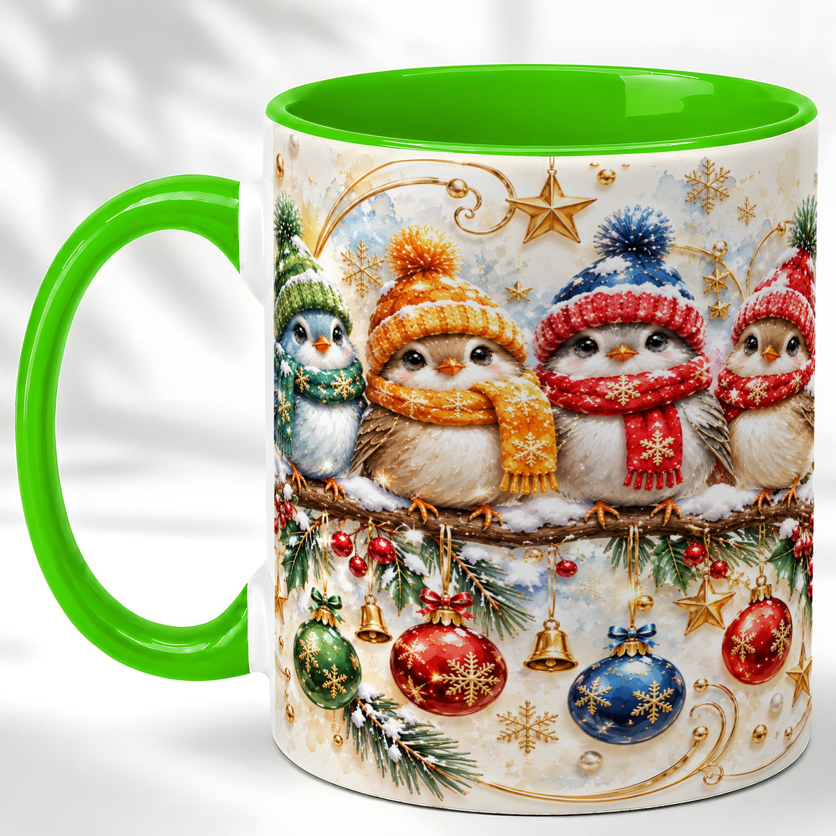 #pl[11oz|Green] Christmas Birds Coffee Mug, Winter Bird Mug, Ceramic Cup