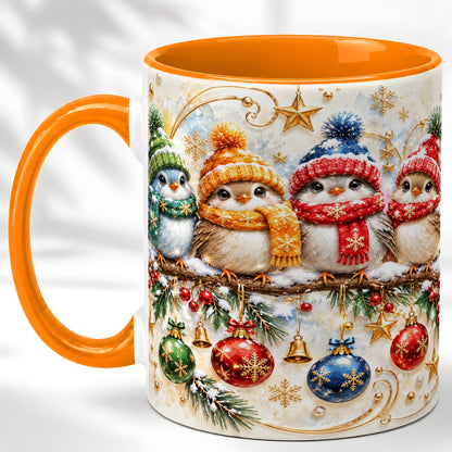 #pl[11oz|Orange] Christmas Birds Coffee Mug, Winter Bird Mug, Ceramic Cup