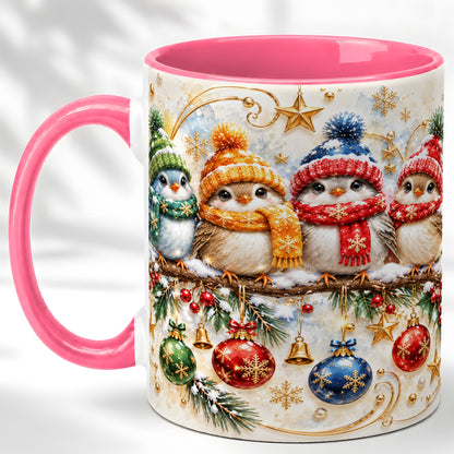 #pl[11oz|Pink] Christmas Birds Coffee Mug, Winter Bird Mug, Ceramic Cup