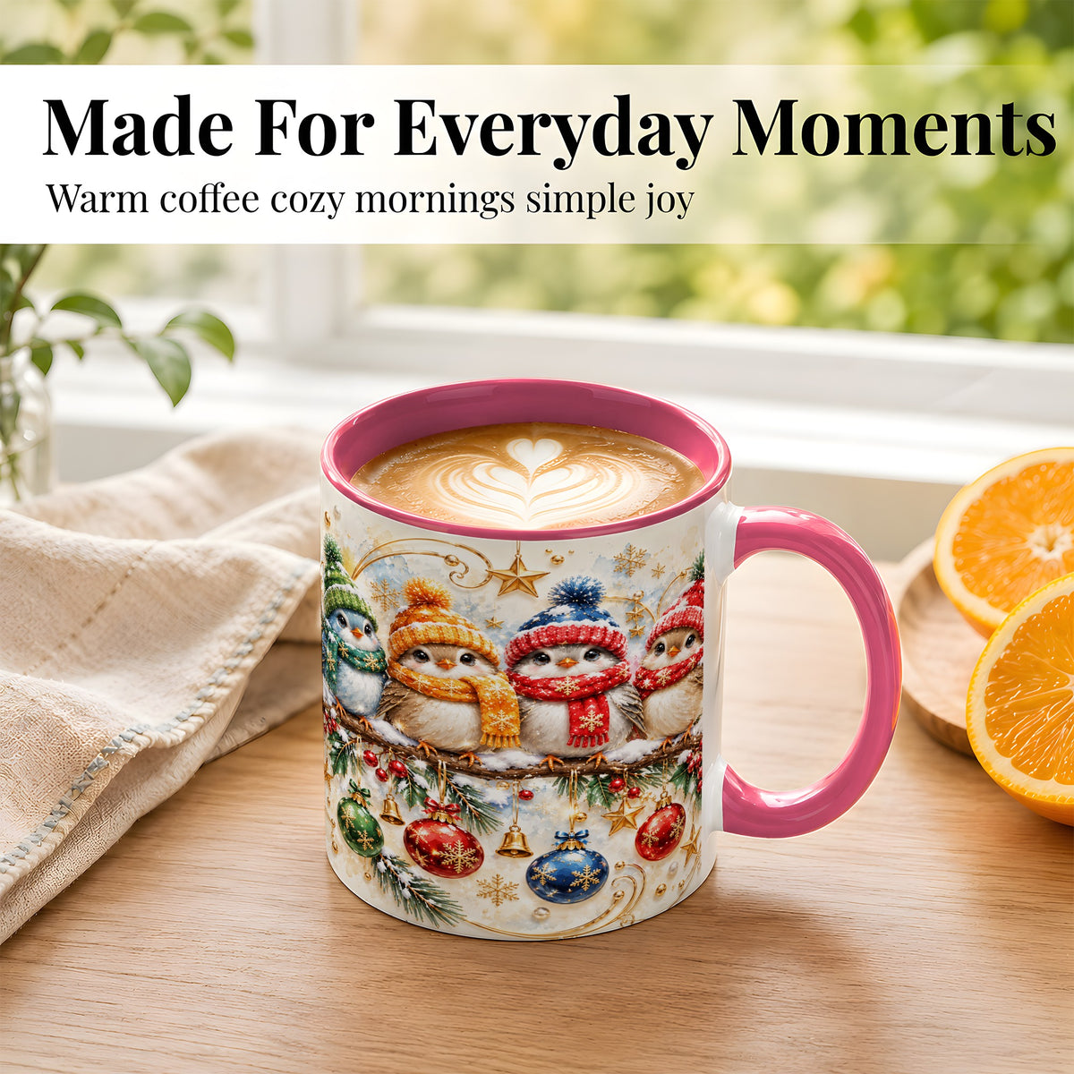 #pl[11oz|Pink] Christmas Birds Coffee Mug, Winter Bird Mug, Ceramic Cup