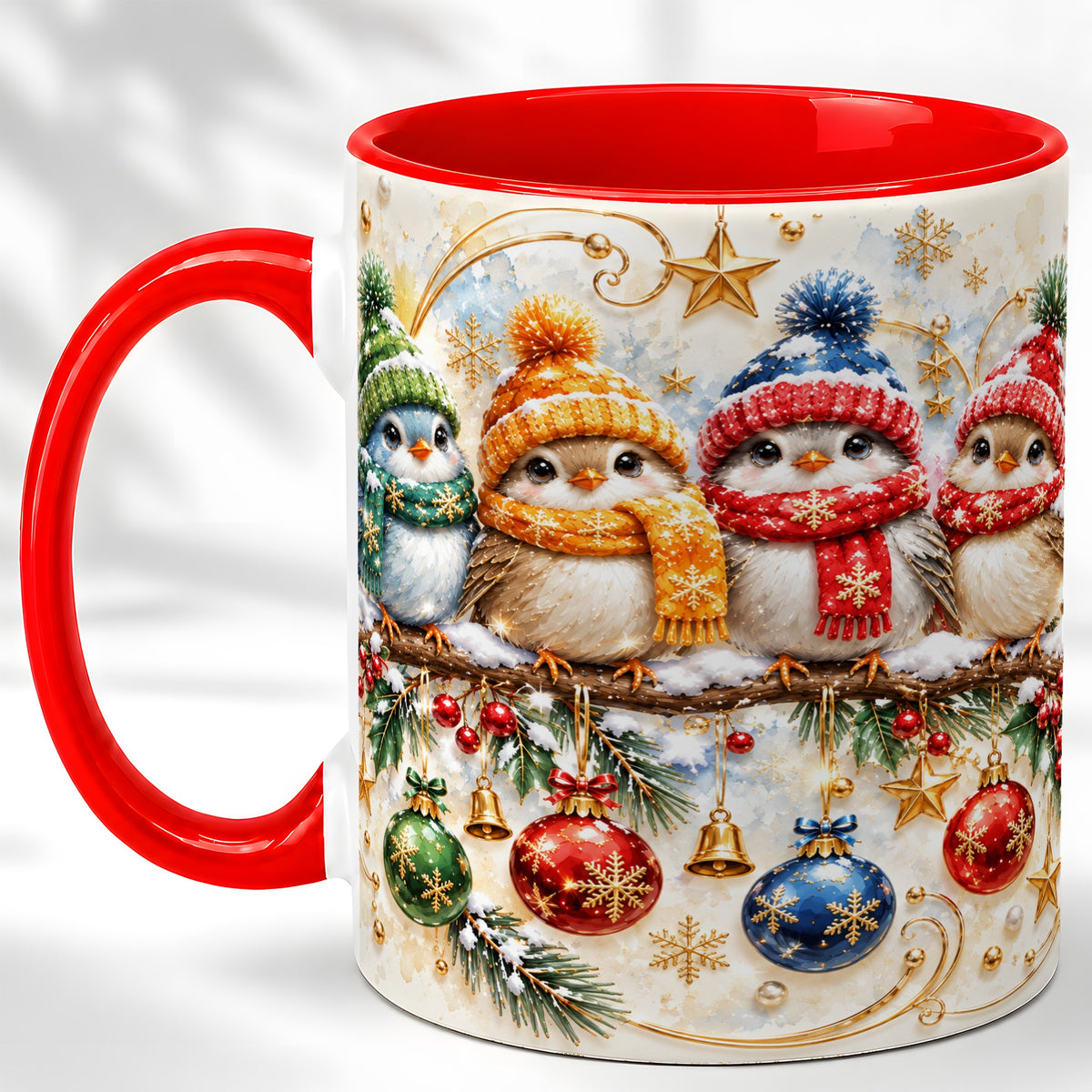 Christmas Birds Coffee Mug, Winter Bird Mug, Ceramic Cup