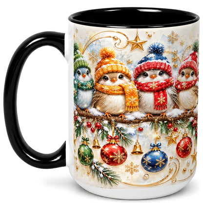 #pl[15oz|Black] Christmas Birds Coffee Mug, Winter Bird Mug, Ceramic Cup