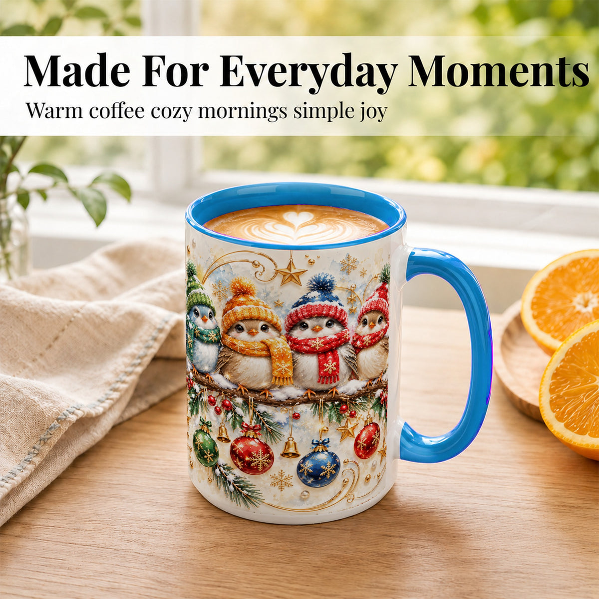#pl[15oz|Blue] Christmas Birds Coffee Mug, Winter Bird Mug, Ceramic Cup