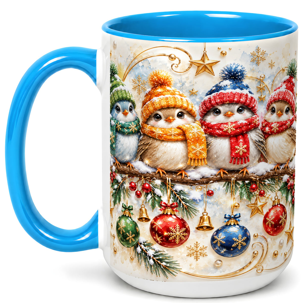#pl[15oz|Blue] Christmas Birds Coffee Mug, Winter Bird Mug, Ceramic Cup