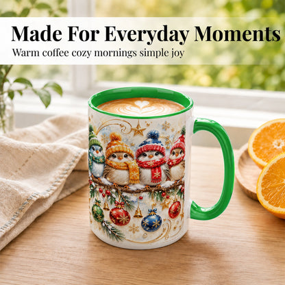 #pl[15oz|Green] Christmas Birds Coffee Mug, Winter Bird Mug, Ceramic Cup