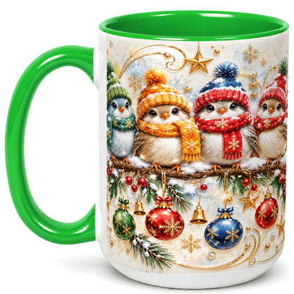 #pl[15oz|Green] Christmas Birds Coffee Mug, Winter Bird Mug, Ceramic Cup