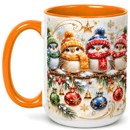 #pl[15oz|Orange] Christmas Birds Coffee Mug, Winter Bird Mug, Ceramic Cup