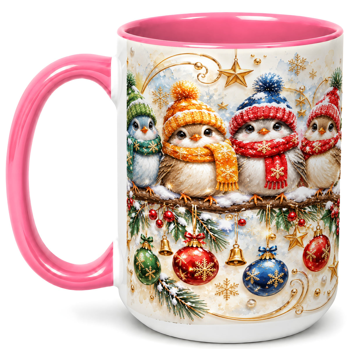 #pl[15oz|Pink] Christmas Birds Coffee Mug, Winter Bird Mug, Ceramic Cup