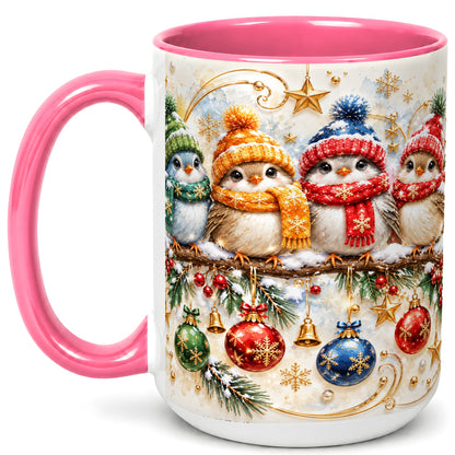 #pl[15oz|Pink] Christmas Birds Coffee Mug, Winter Bird Mug, Ceramic Cup