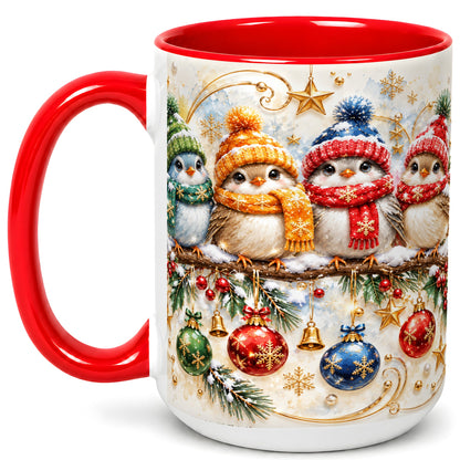 #pl[15oz|Red] Christmas Birds Coffee Mug, Winter Bird Mug, Ceramic Cup