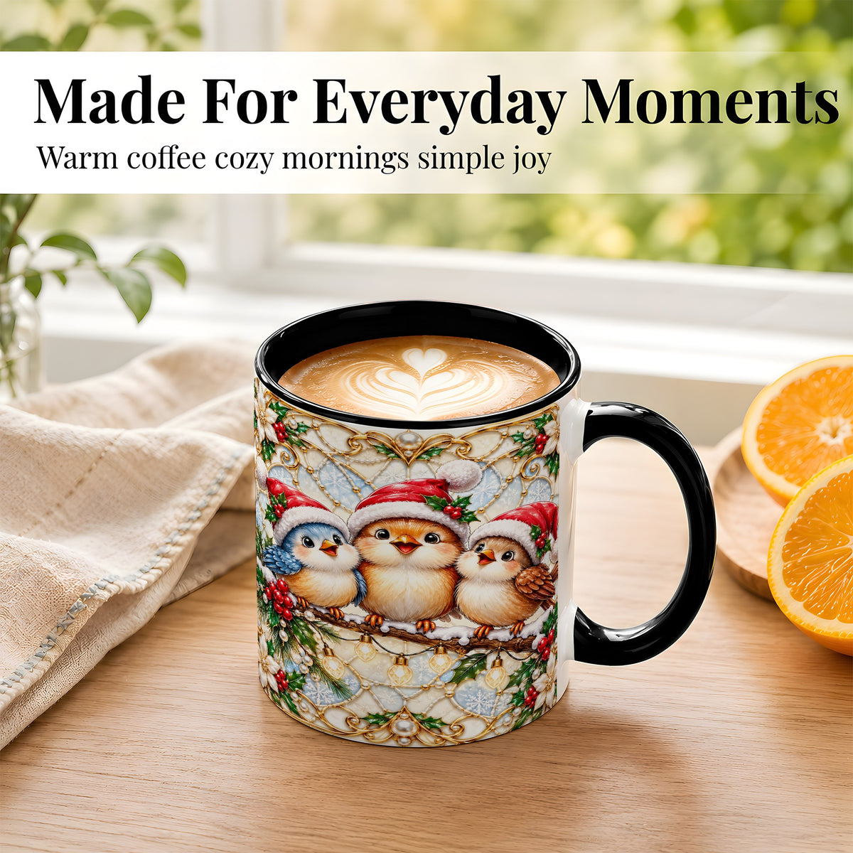 #pl[11oz|Black] Christmas Songbirds Coffee Mug, Santa Bird Mug, Ceramic Cup