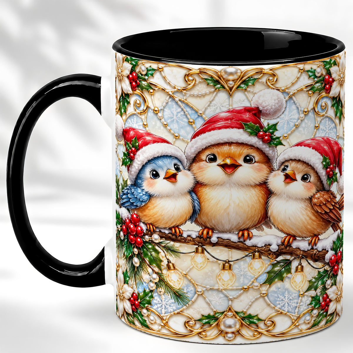 #pl[11oz|Black] Christmas Songbirds Coffee Mug, Santa Bird Mug, Ceramic Cup