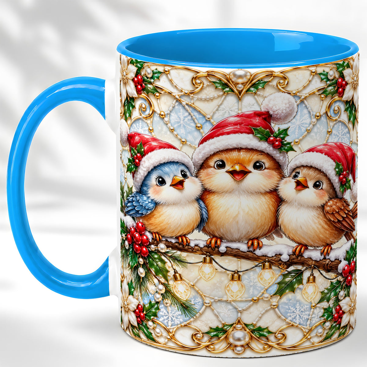 #pl[11oz|Blue] Christmas Songbirds Coffee Mug, Santa Bird Mug, Ceramic Cup