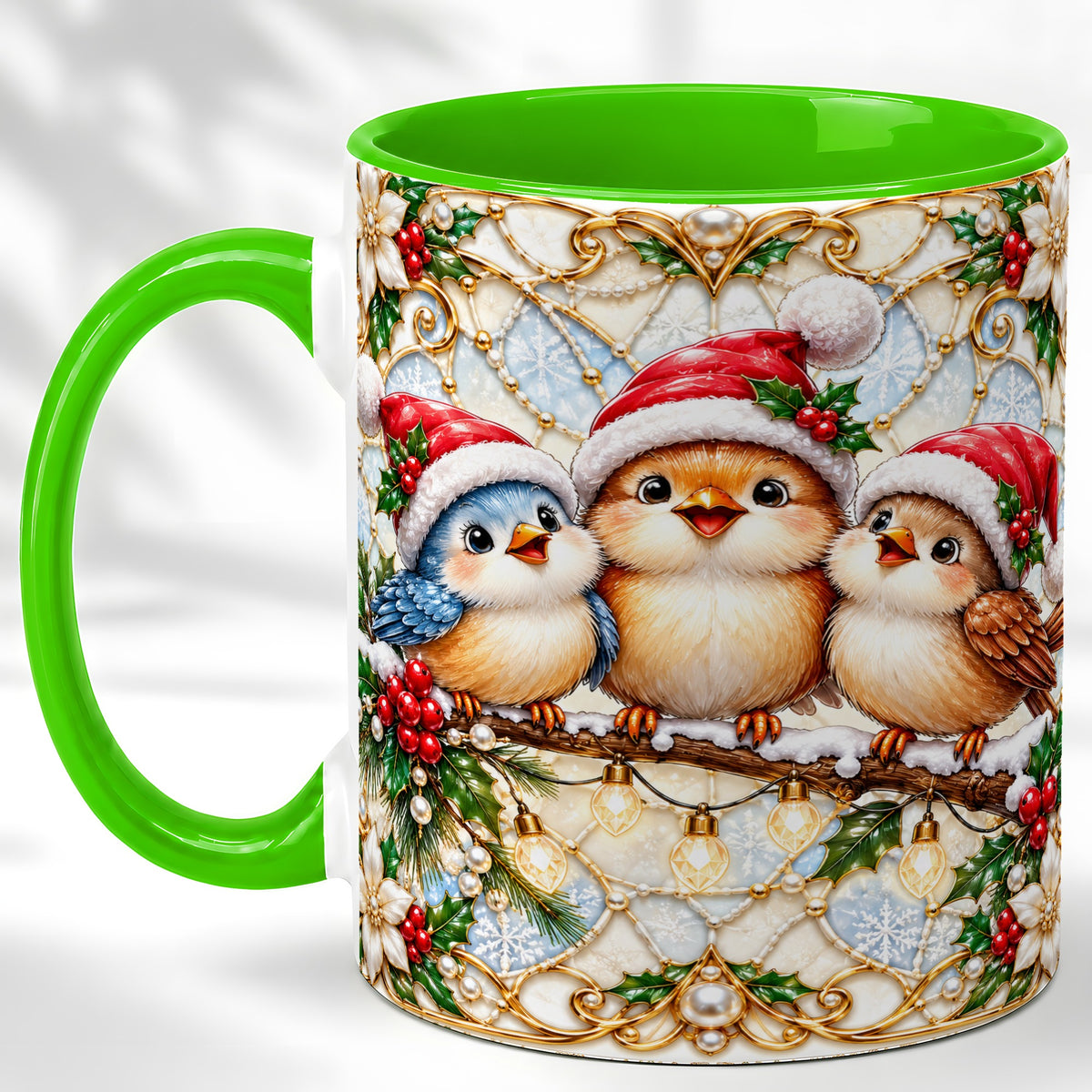 #pl[11oz|Green] Christmas Songbirds Coffee Mug, Santa Bird Mug, Ceramic Cup