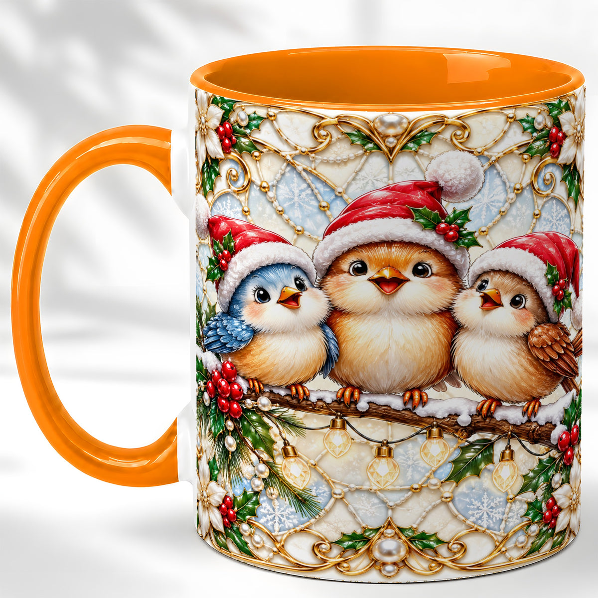 #pl[11oz|Orange] Christmas Songbirds Coffee Mug, Santa Bird Mug, Ceramic Cup