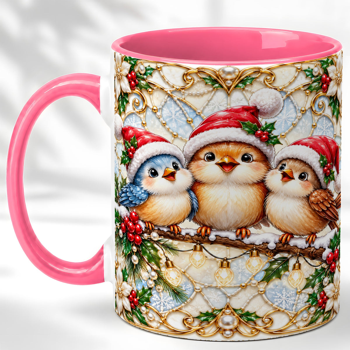 #pl[11oz|Pink] Christmas Songbirds Coffee Mug, Santa Bird Mug, Ceramic Cup