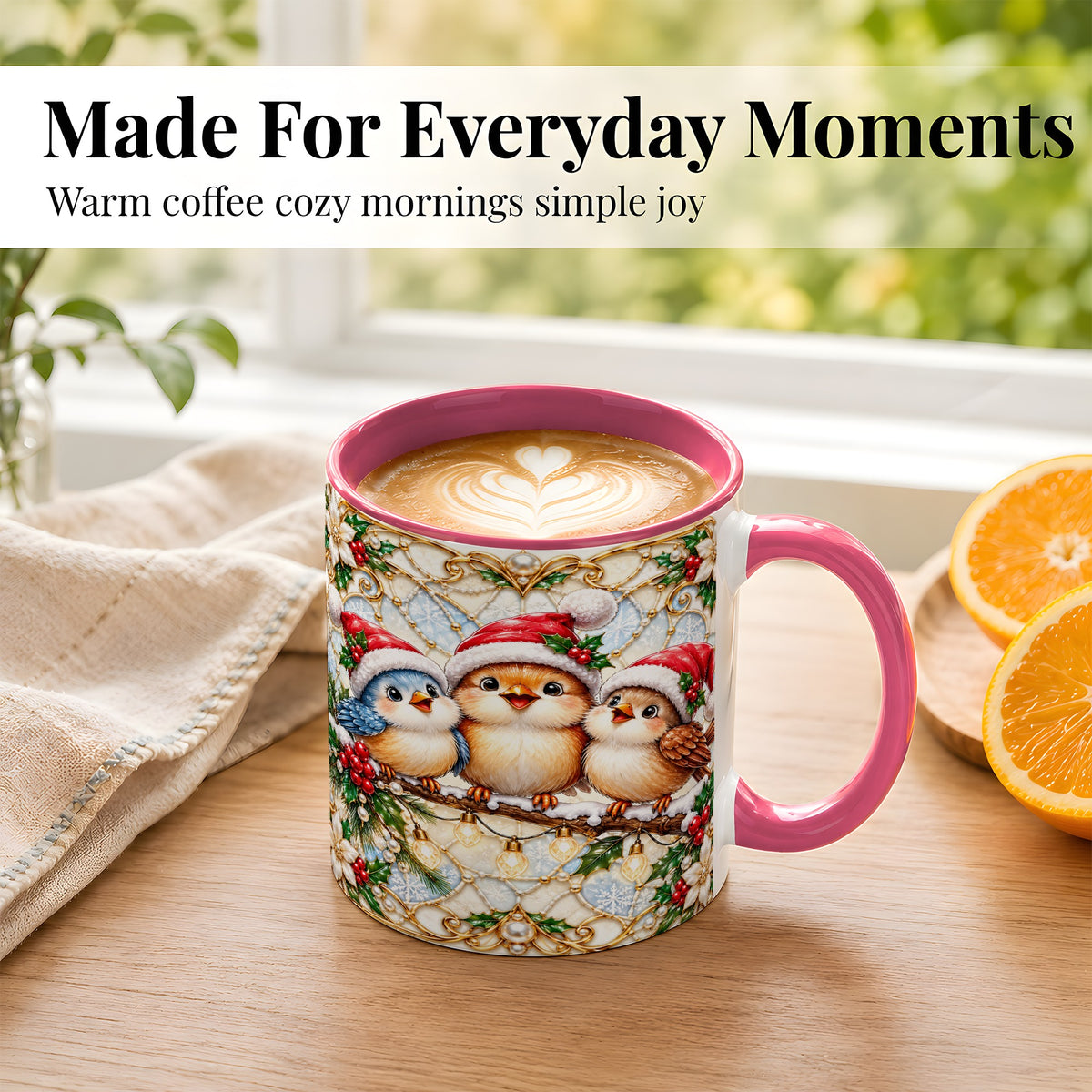 #pl[11oz|Pink] Christmas Songbirds Coffee Mug, Santa Bird Mug, Ceramic Cup