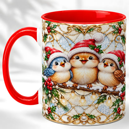 Christmas Songbirds Coffee Mug, Santa Bird Mug, Ceramic Cup