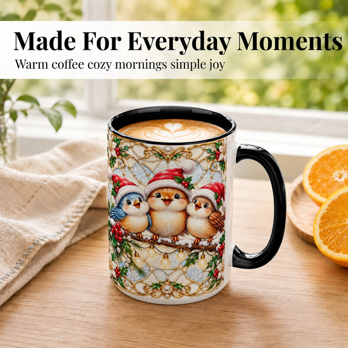 #pl[15oz|Black] Christmas Songbirds Coffee Mug, Santa Bird Mug, Ceramic Cup