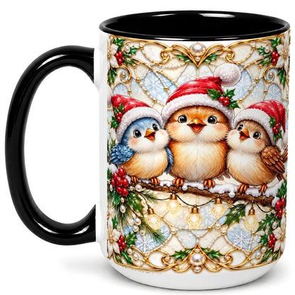 #pl[15oz|Black] Christmas Songbirds Coffee Mug, Santa Bird Mug, Ceramic Cup
