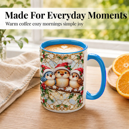#pl[15oz|Blue] Christmas Songbirds Coffee Mug, Santa Bird Mug, Ceramic Cup