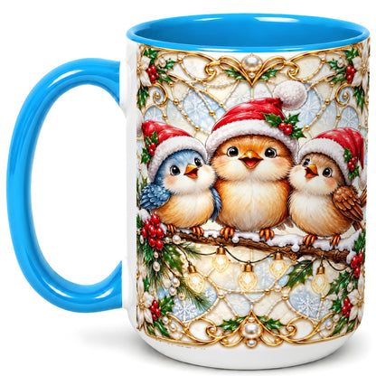 #pl[15oz|Blue] Christmas Songbirds Coffee Mug, Santa Bird Mug, Ceramic Cup