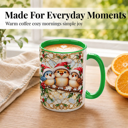 #pl[15oz|Green] Christmas Songbirds Coffee Mug, Santa Bird Mug, Ceramic Cup