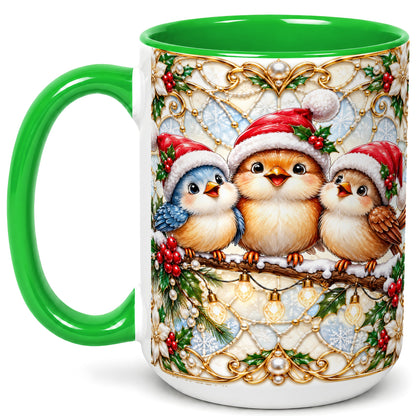 #pl[15oz|Green] Christmas Songbirds Coffee Mug, Santa Bird Mug, Ceramic Cup