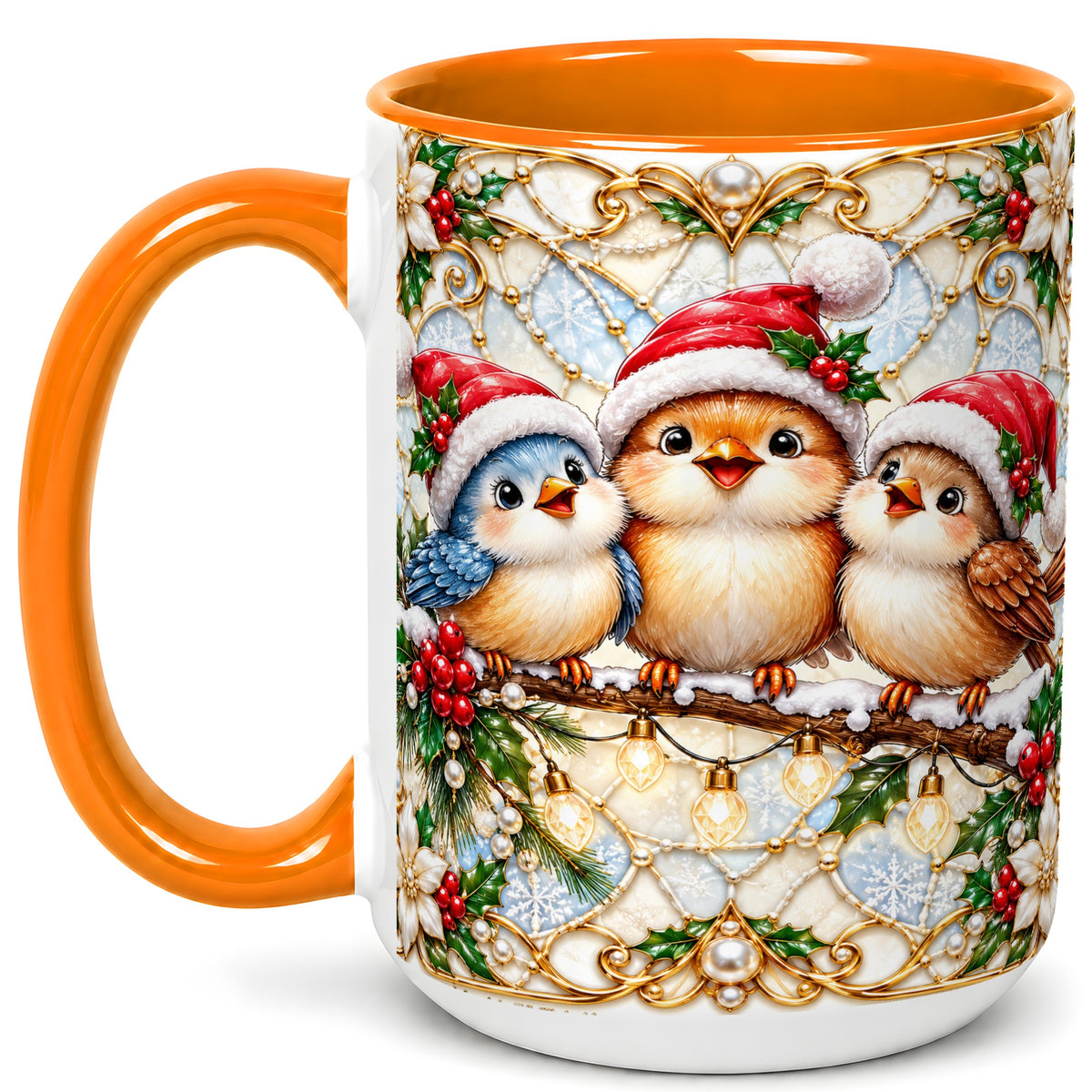 #pl[15oz|Orange] Christmas Songbirds Coffee Mug, Santa Bird Mug, Ceramic Cup